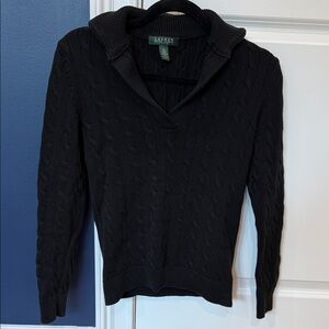 Lauren Ralph Lauren Black Cable V-Neck Collar Sweater